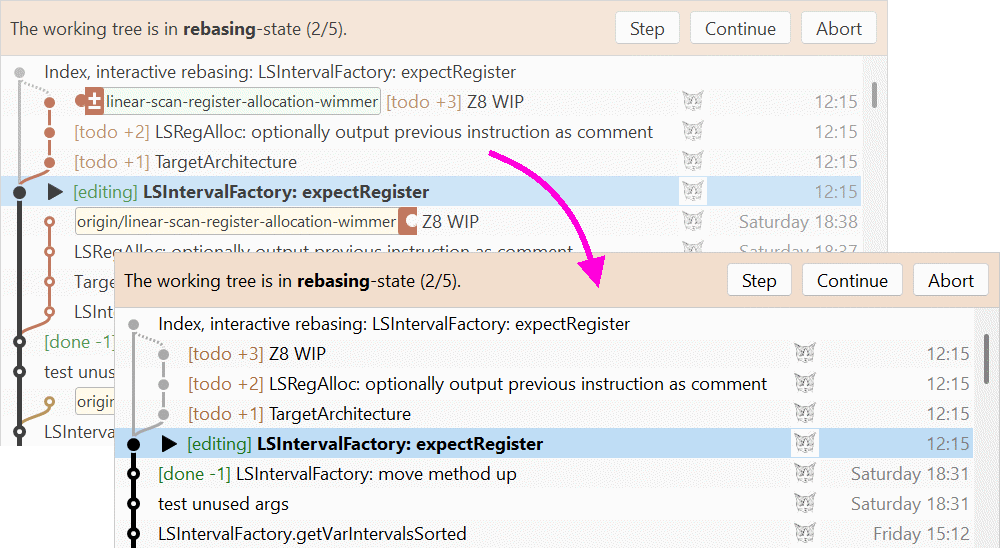 SmartGit 25.1 focused rebasing display in My History showing only relevant commits during rebase
