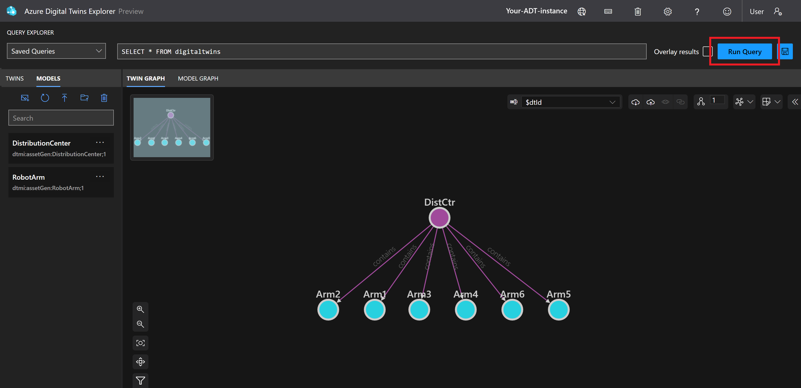 Azure 数字孪生资源管理器的屏幕截图,突出显示了窗口右上角的“运行查询”按钮。