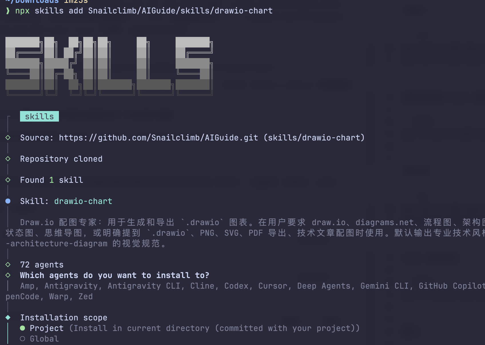 使用 Skills CLI 安装 drawio-chart