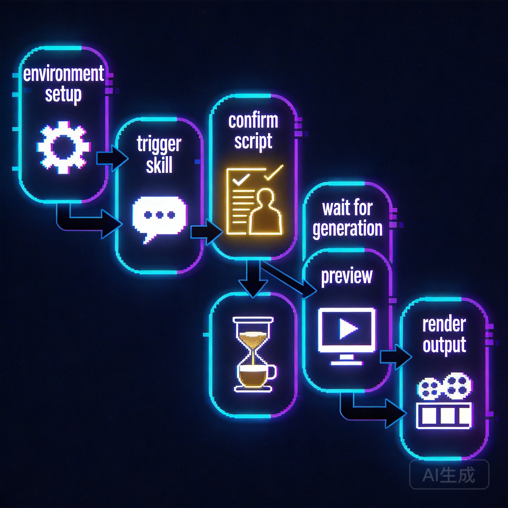 用户侧的6步操作流程：从环境配置到渲染输出，高亮显示唯一需要人工介入的"确认脚本"节点