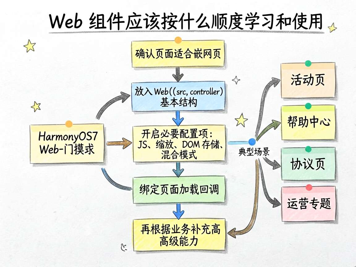 为一篇 HarmonyOS7 Web 组件入门文章绘制一张手绘流程图,展示“Web 组件应该按什么顺