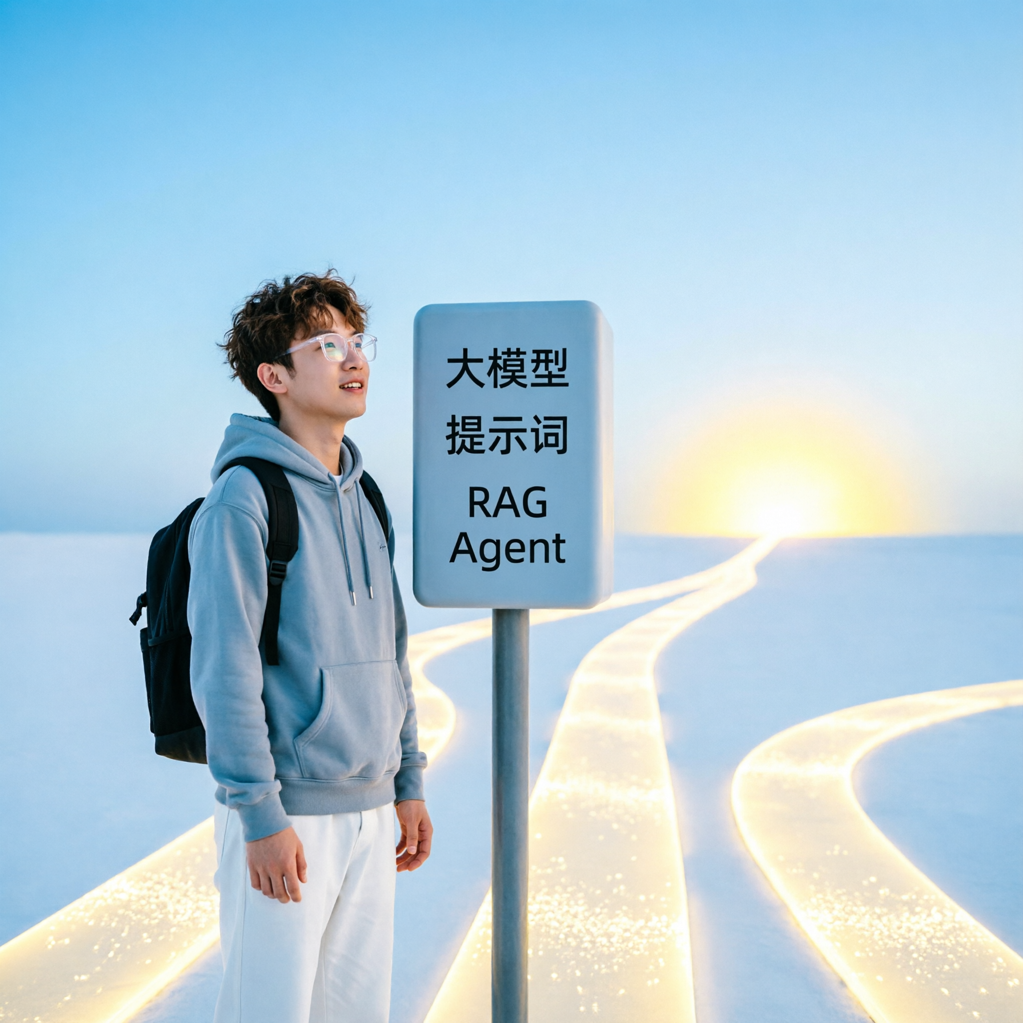 一个新人站在写有AI关键词的路标前，气氛轻松的入门插画