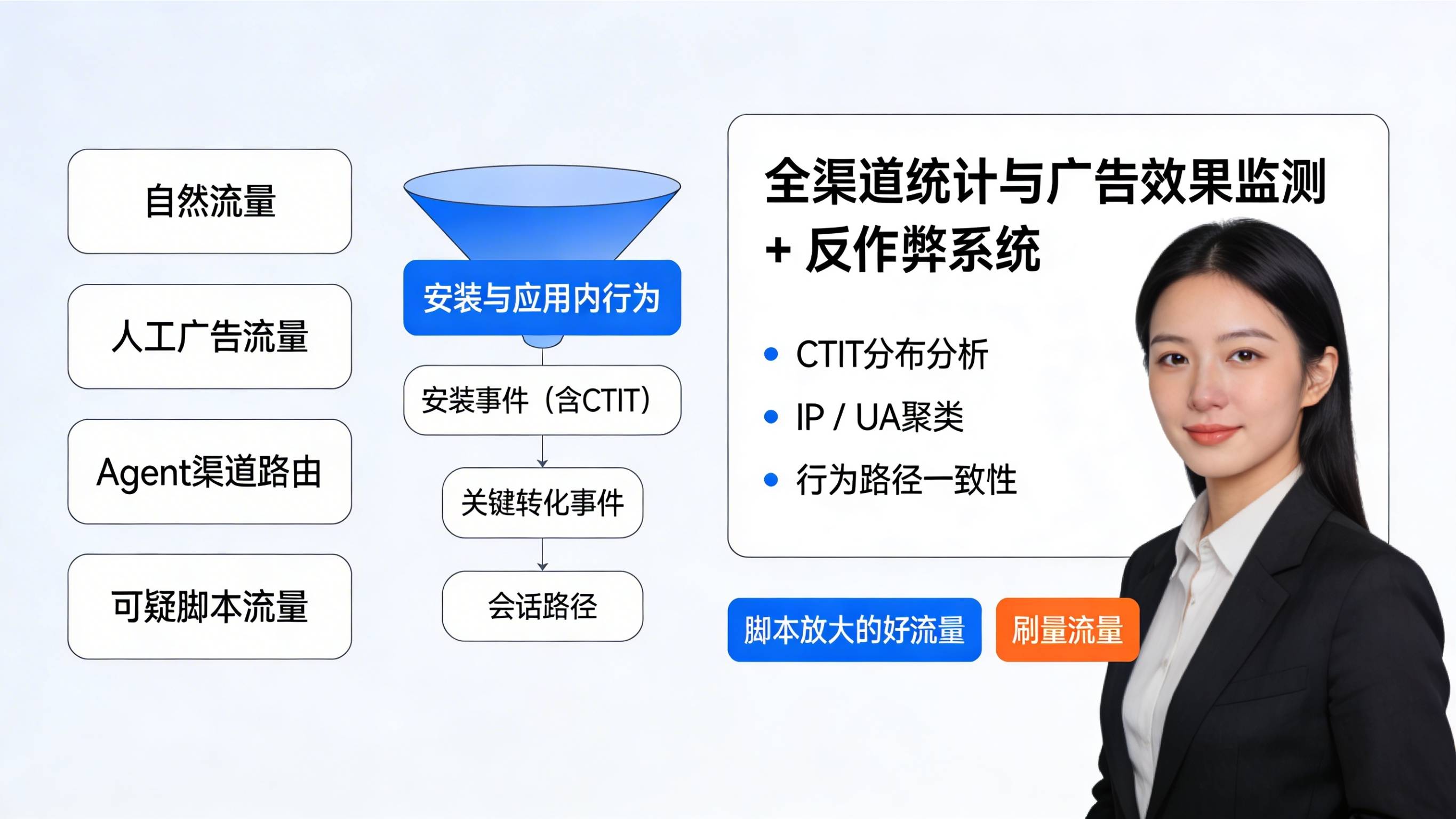 在全渠道统计与反作弊系统中区分高价值自动化流量和刷量脚本流量的示意图