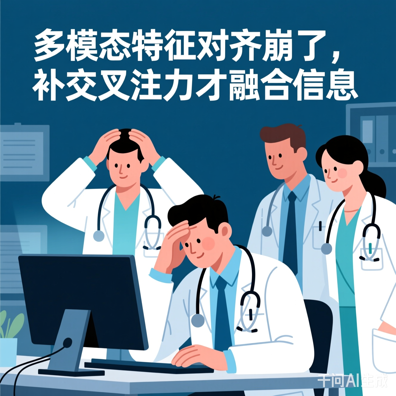 医生们对着电脑头大的插图