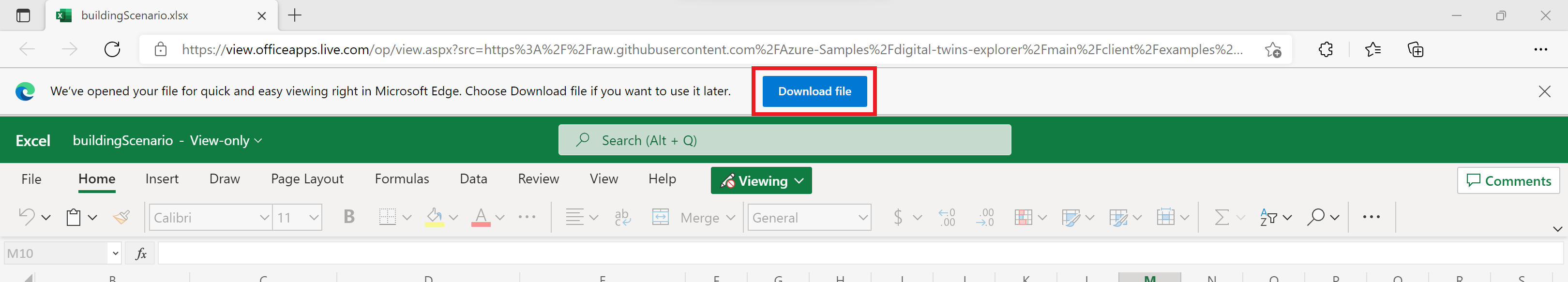 在 Microsoft Edge 浏览器中查看的 buildingScenario.xlsx 文件的屏幕截图。突出显示了“下载”按钮。