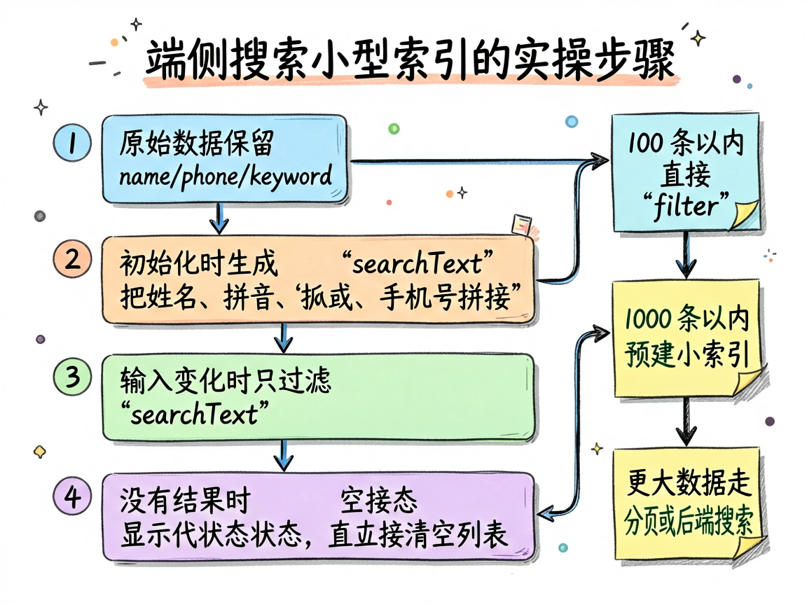 一张手绘流程图,内容是“端侧搜索小型索引的实操步骤”。按文章步骤画成四步流程:1 原始数据保留 `n