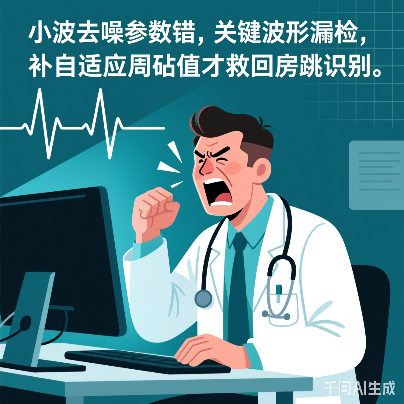 穿着白大褂的医生在电脑前抓狂的插画