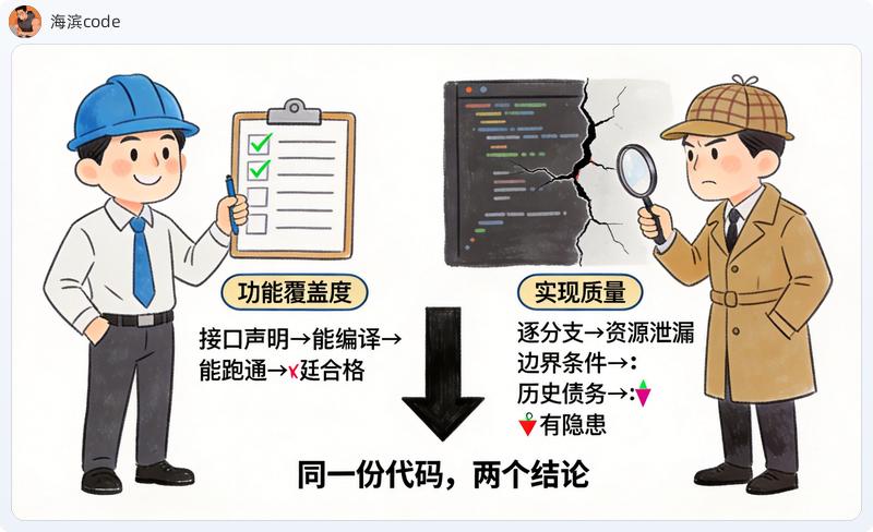 两种审计视角对比:功能覆盖度 vs 实现质量