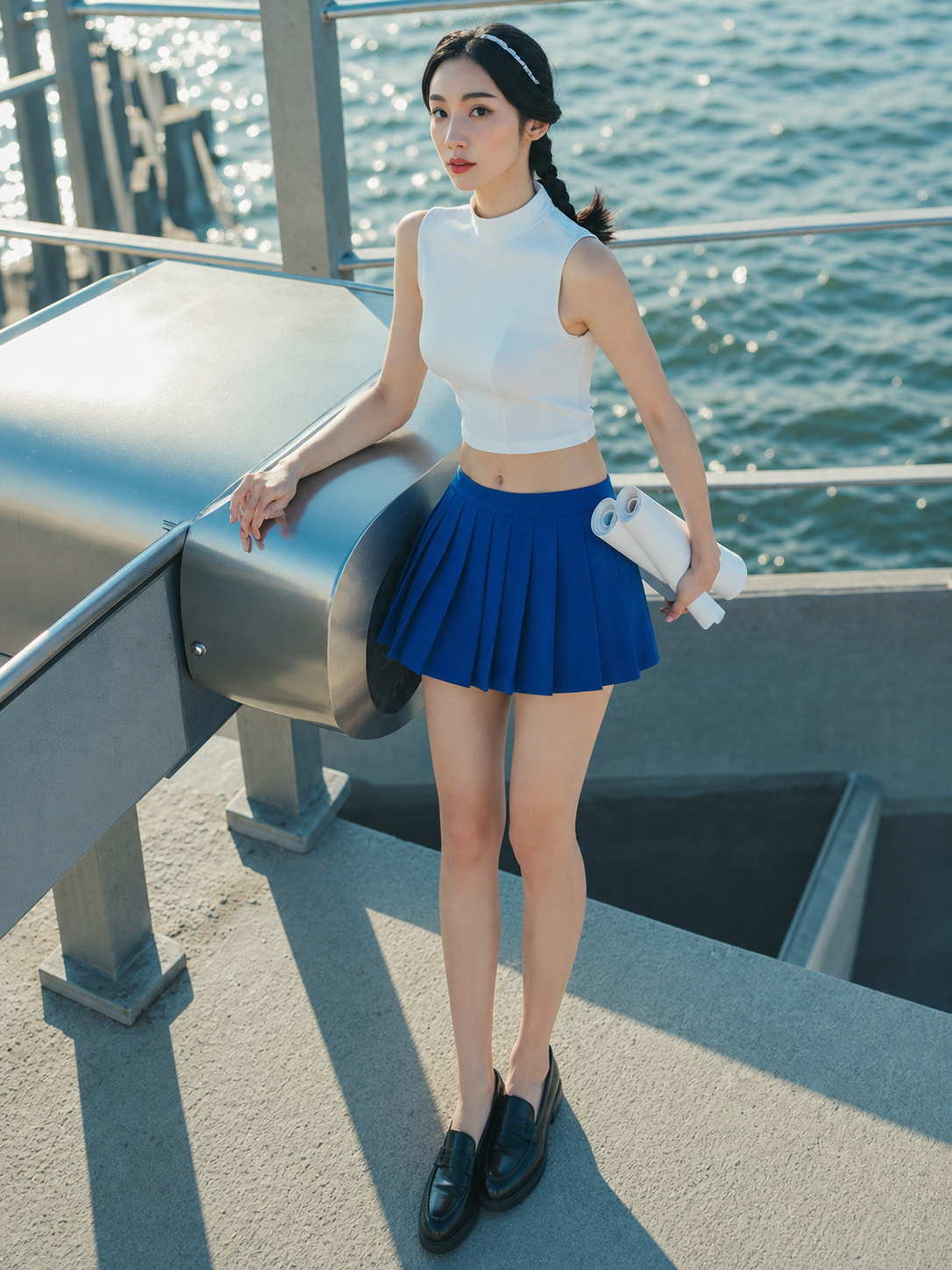 海洋建筑研究甲板穿钴蓝短百褶裙的漂亮亚洲成年女性