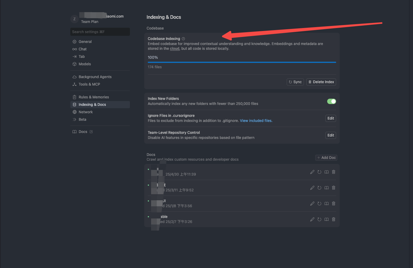 Cursor Indexing 设置界面