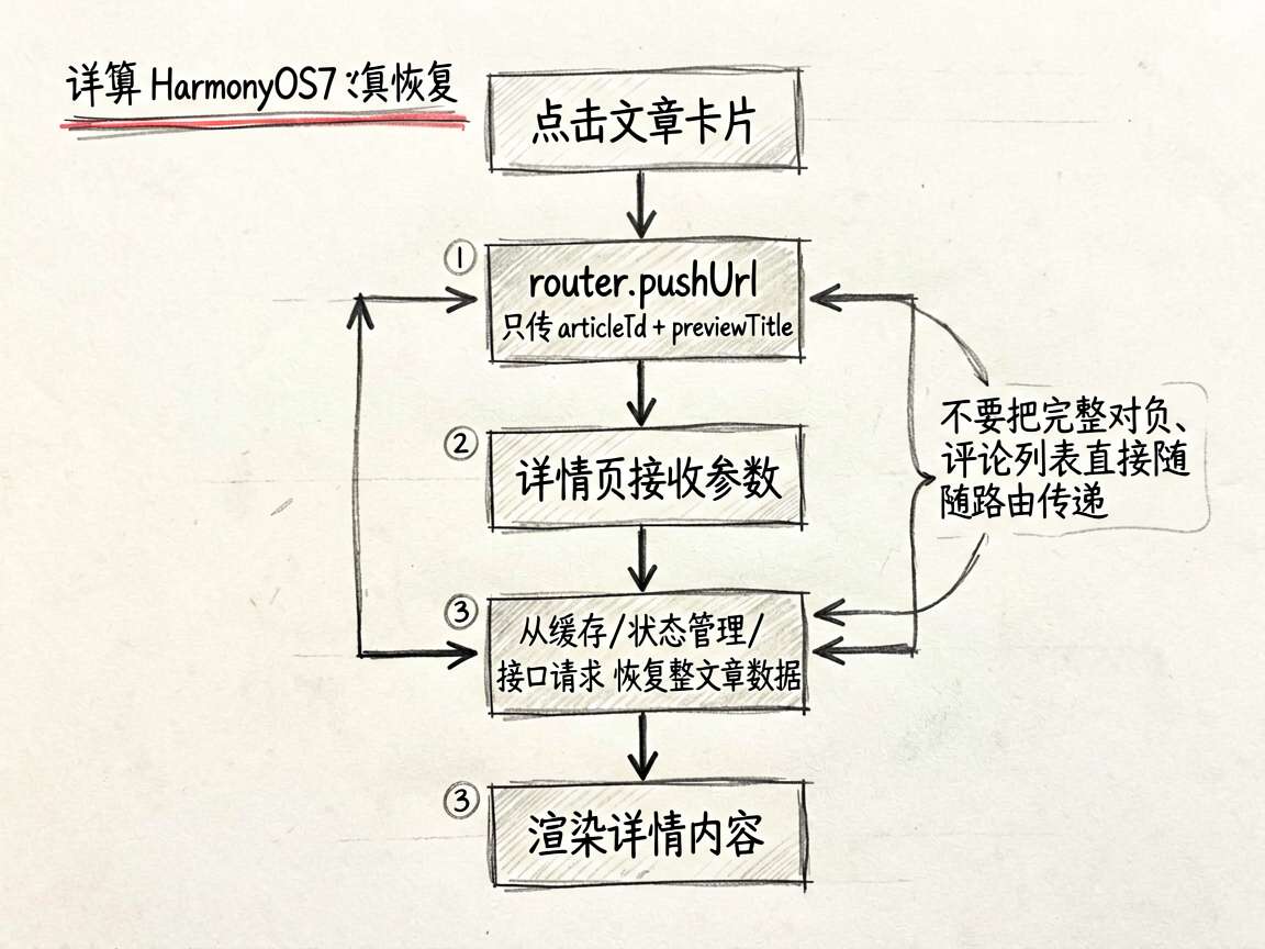 为一篇讲解 HarmonyOS7 router 详情页数据恢复思路的文章绘制一张 sketch-no