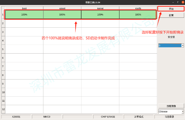 制作SD启动卡
君正的烧录工具支持将启动镜像烧录到SD NAND，先编译准备好启动镜像，然后按照下图顺序进行制作启动卡