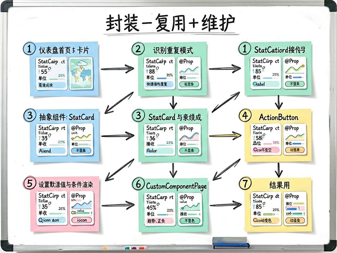 为文章中的自定义组件设计过程绘制一张手绘流程图,主题是“从需求到复用”。流程依次为:1)业务需求:仪