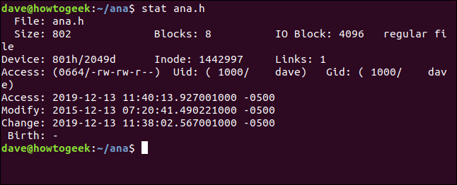 stat ana.h in a terminal window