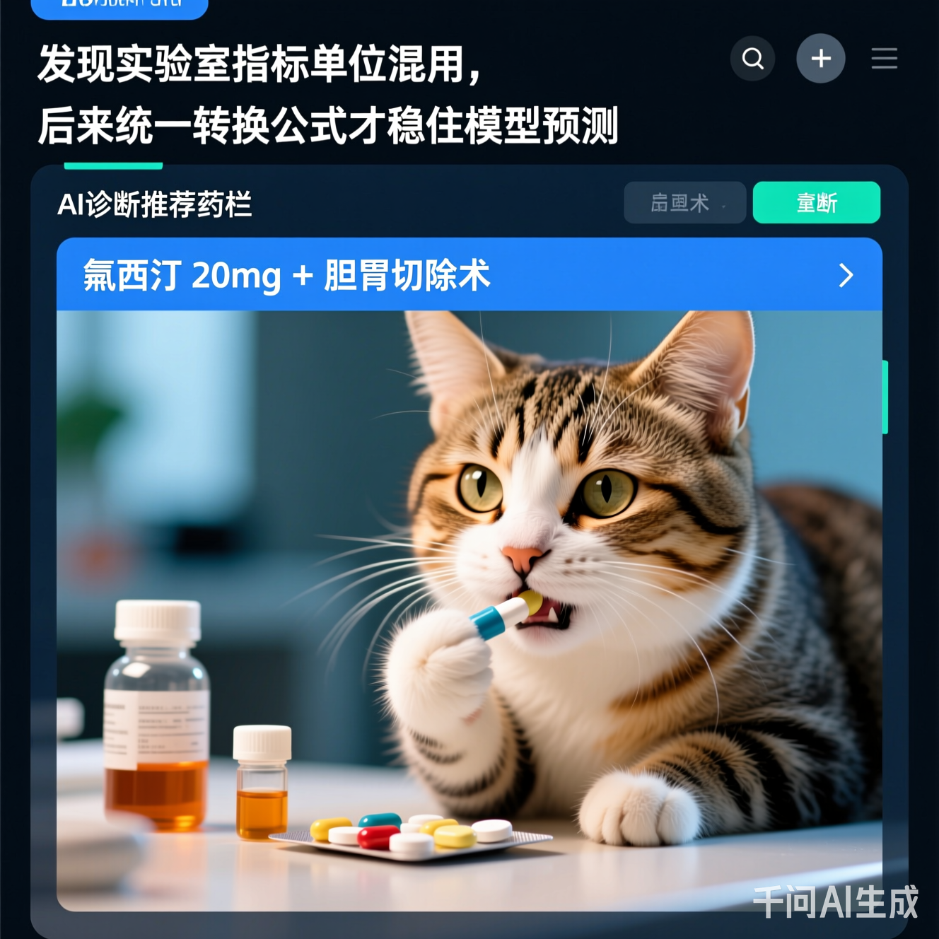 AI诊断界面截图，推荐用药栏写着"氟西汀 20mg + 胆囊切除术"（配图是猫主子吃药表情包）