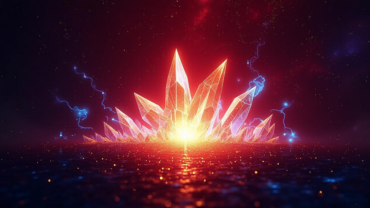 Abstract origin imagery: In a chaotic dark red bac