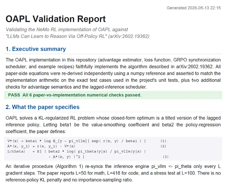 Screenshot of sample OAPL validation report including two sections: executive summary and what the paper signifies.