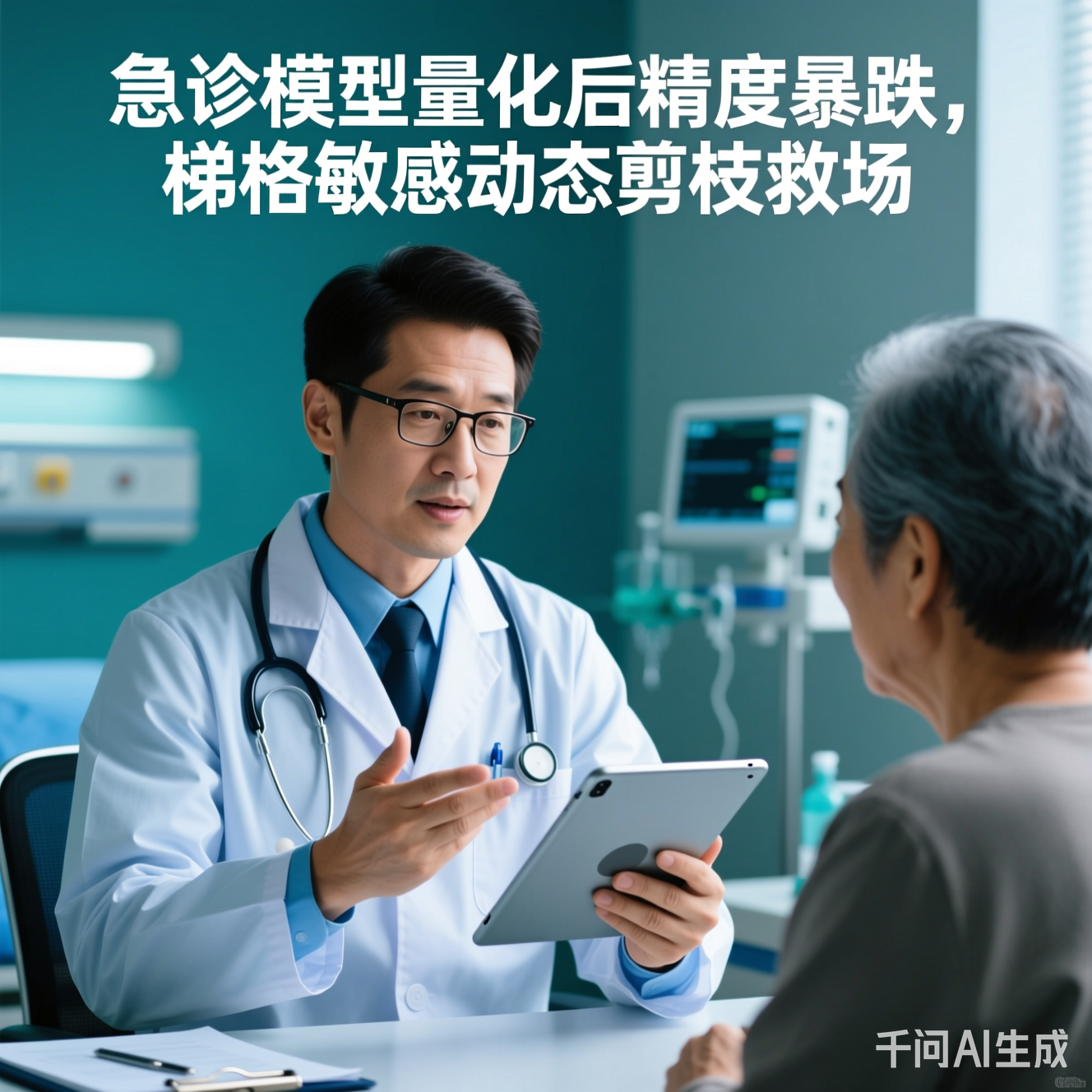 医生用平板电脑向患者解释AI误诊