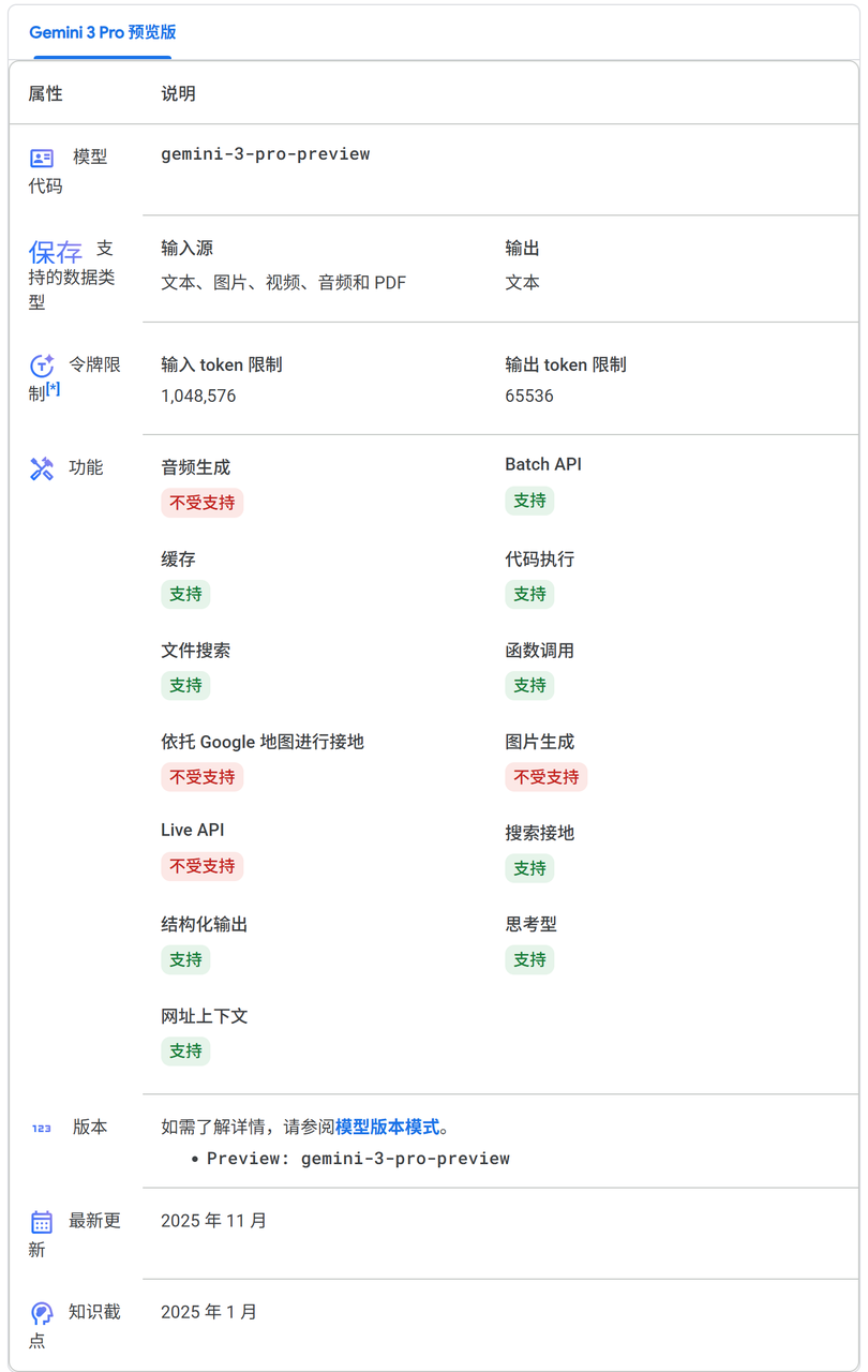 Gemini 3 Pro 模型参数