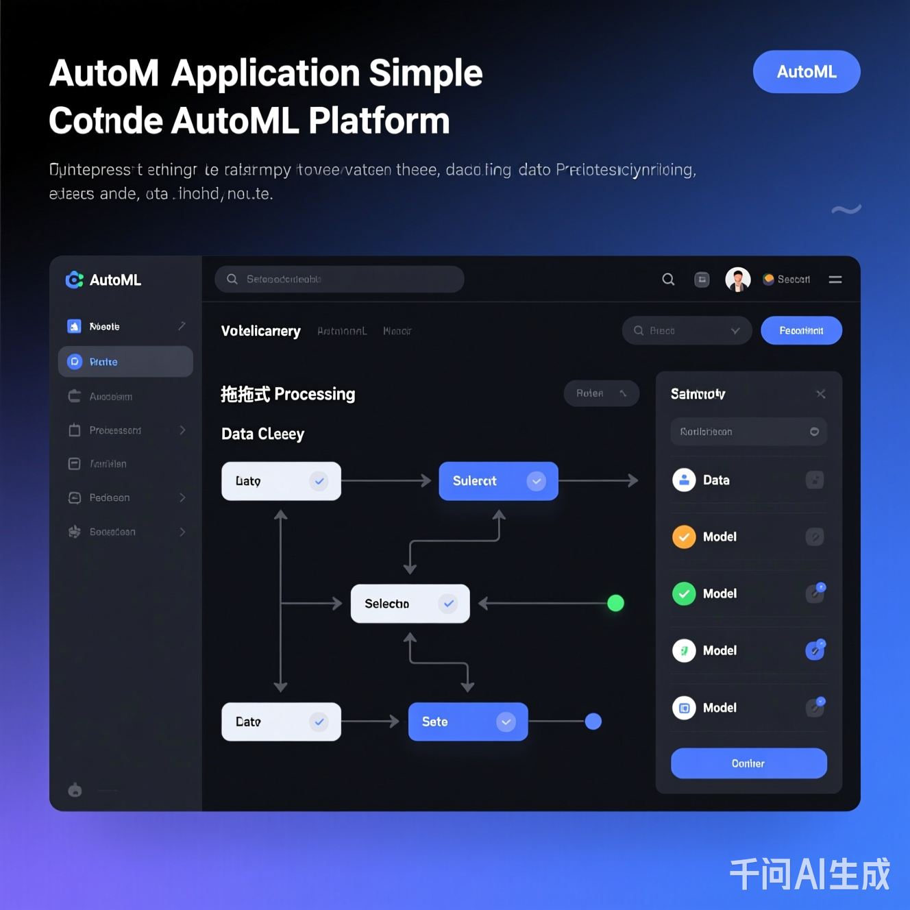 低代码AutoML平台界面，显示拖拽式数据处理和模型选择流程