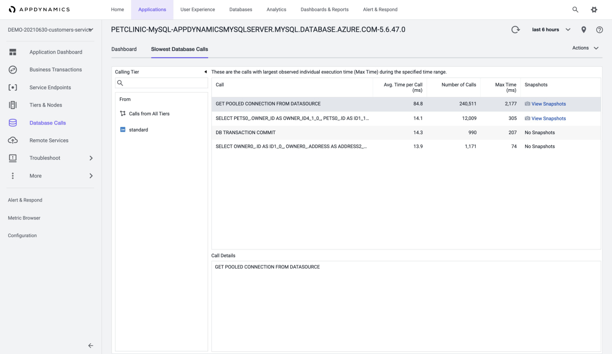 AppDynamics 的屏幕截图，显示“最慢数据库调用”页。