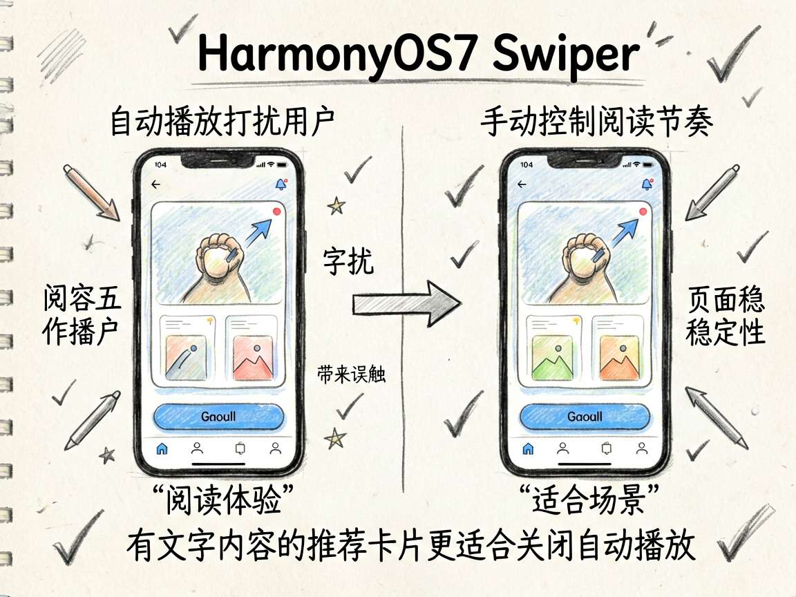 一张手绘笔记风对比图,标题聚焦 HarmonyOS7 Swiper 的两种轮播策略:左侧是“自动播放