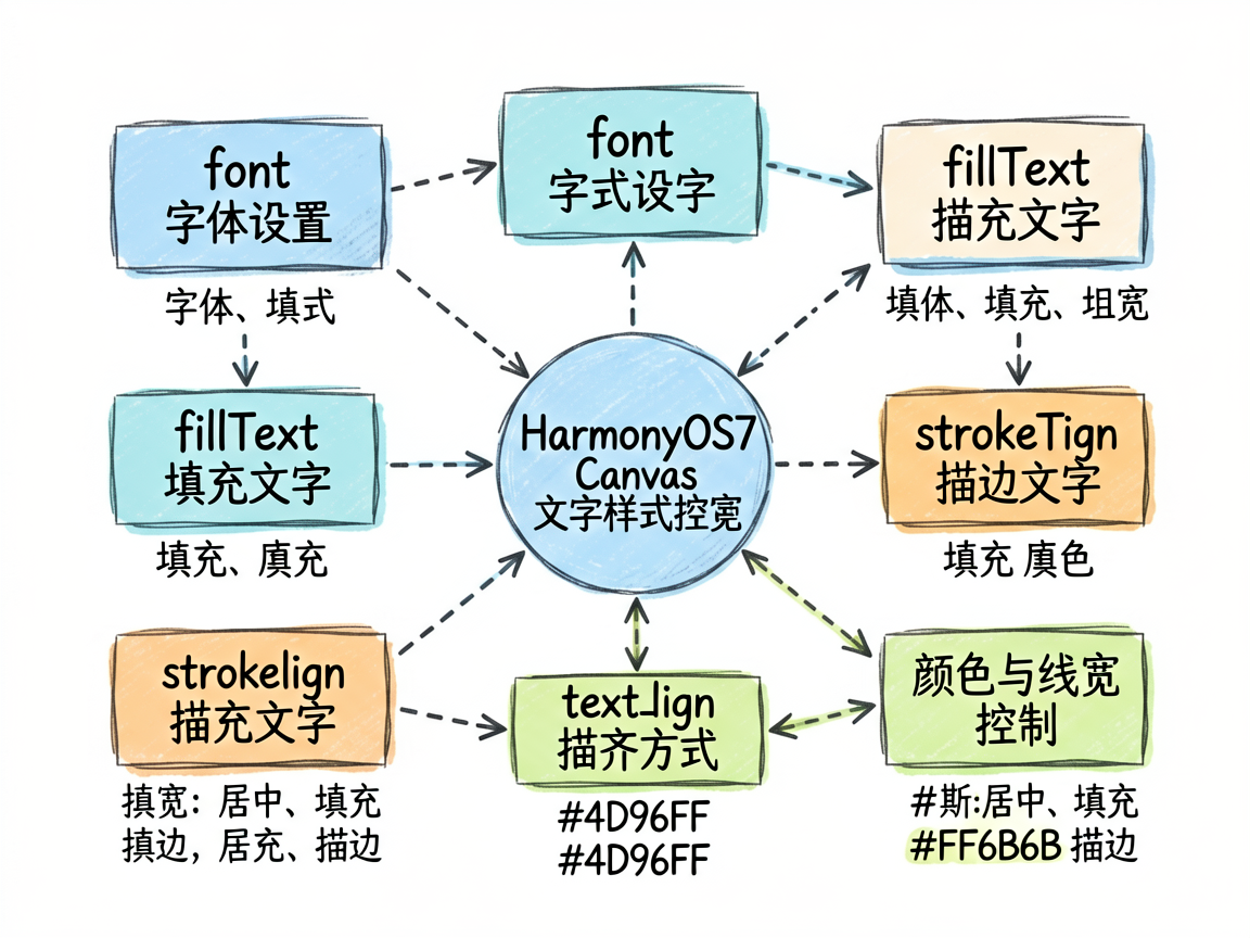 一张 sketch-notes 风格的框架图,解释 HarmonyOS7 Canvas 文字样式控制