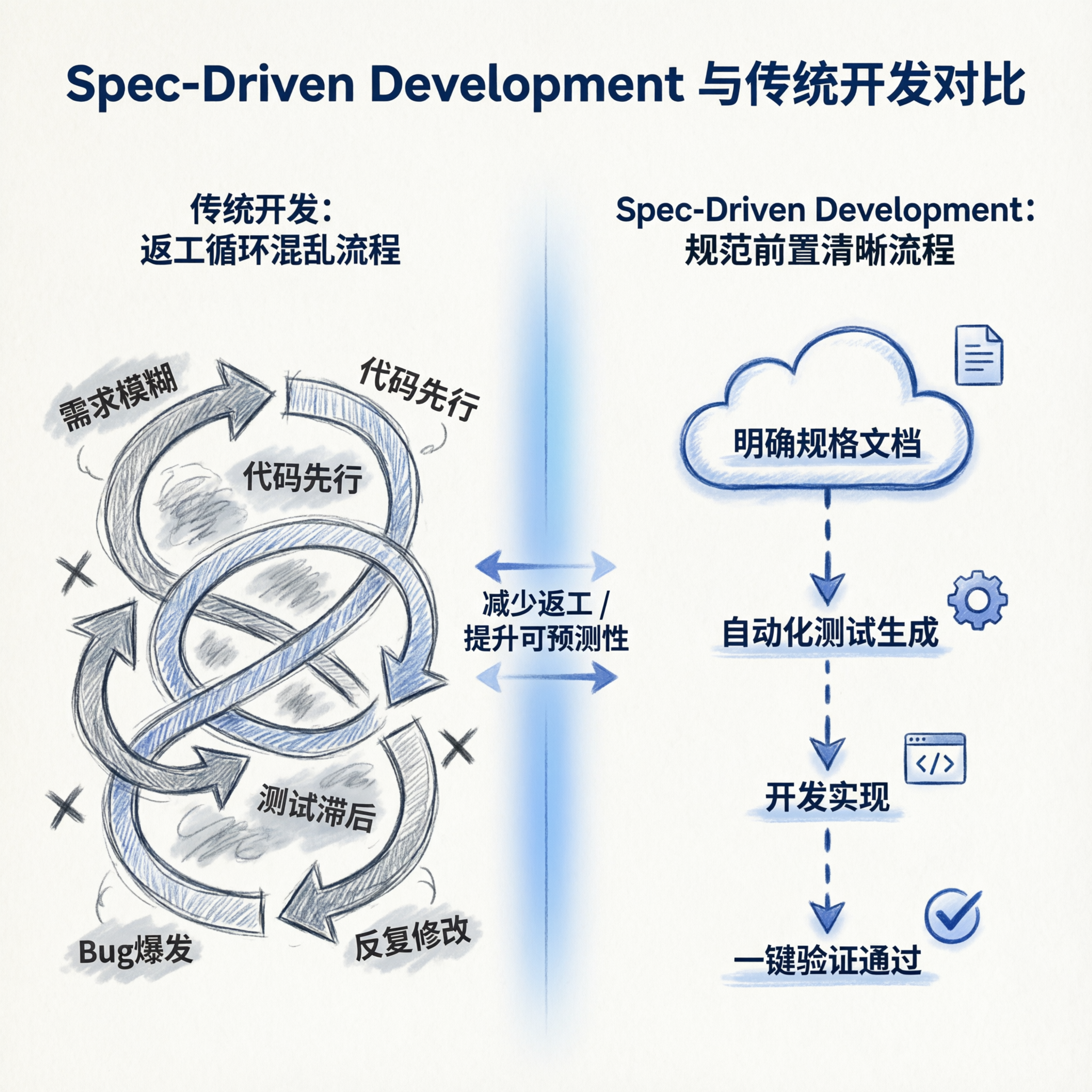 SDD与传统开发对比信息图，展示返工率下降与约束前置