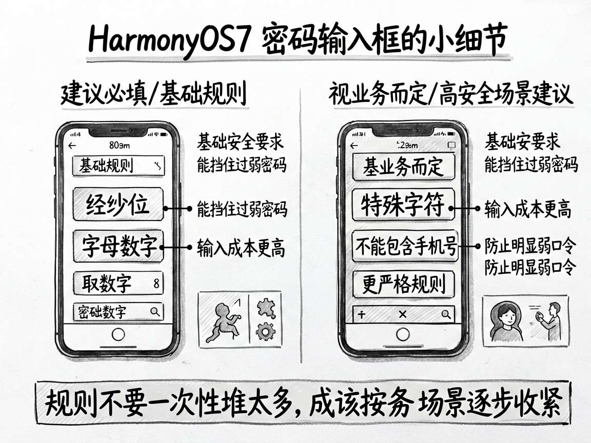 为《HarmonyOS7 密码输入框的小细节》绘制一张对比型手绘笔记图,主题是“密码规则强度取舍”。