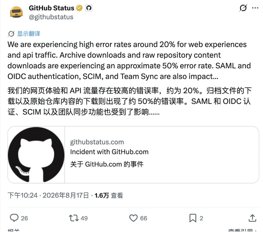 GitHub Status 通报网页端和仓库内容下载错误率