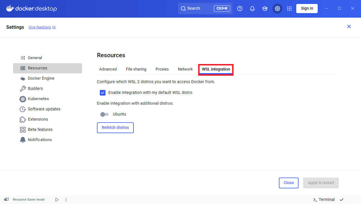 图 3：Docker Desktop WSL 集成设置（选择分发版）