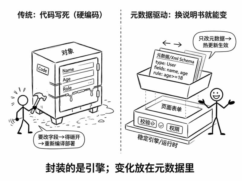 传统硬编码与元数据驱动对比