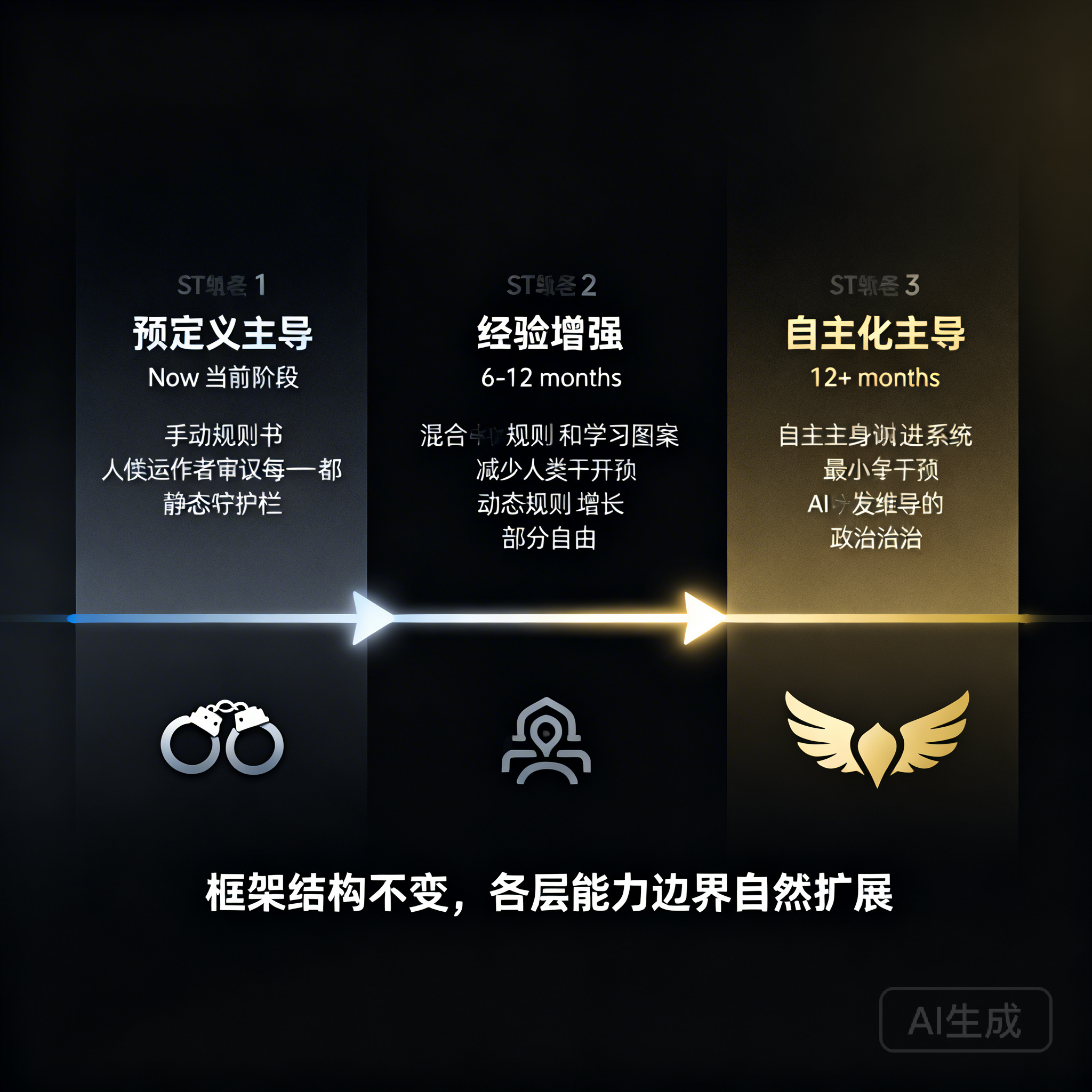 三阶段演化:预定义主导 → 经验增强 → 自主化主导