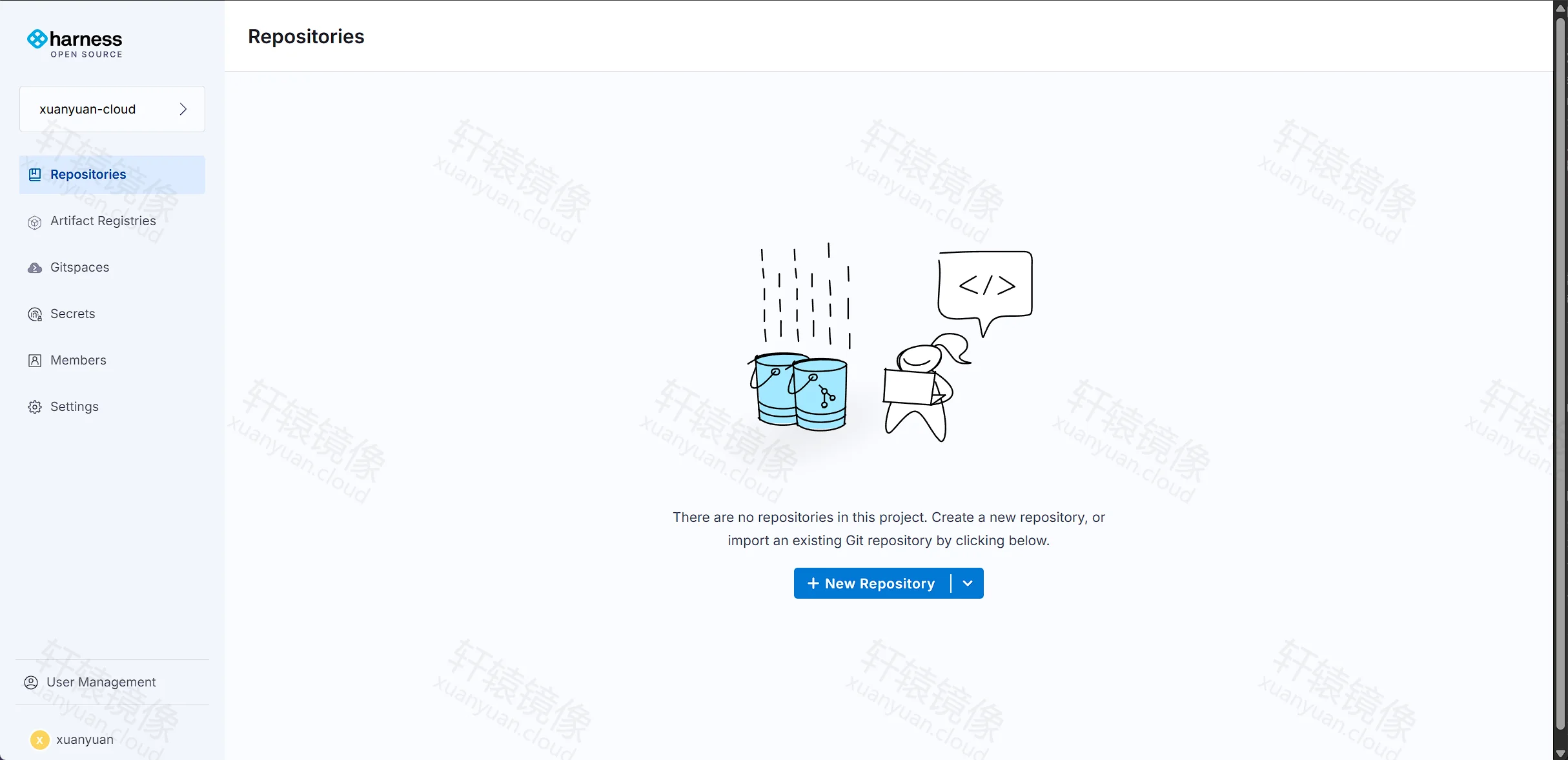 Harness Open Source 项目 xuanyuan-cloud 的 Repositories 空状态：+ New Repository