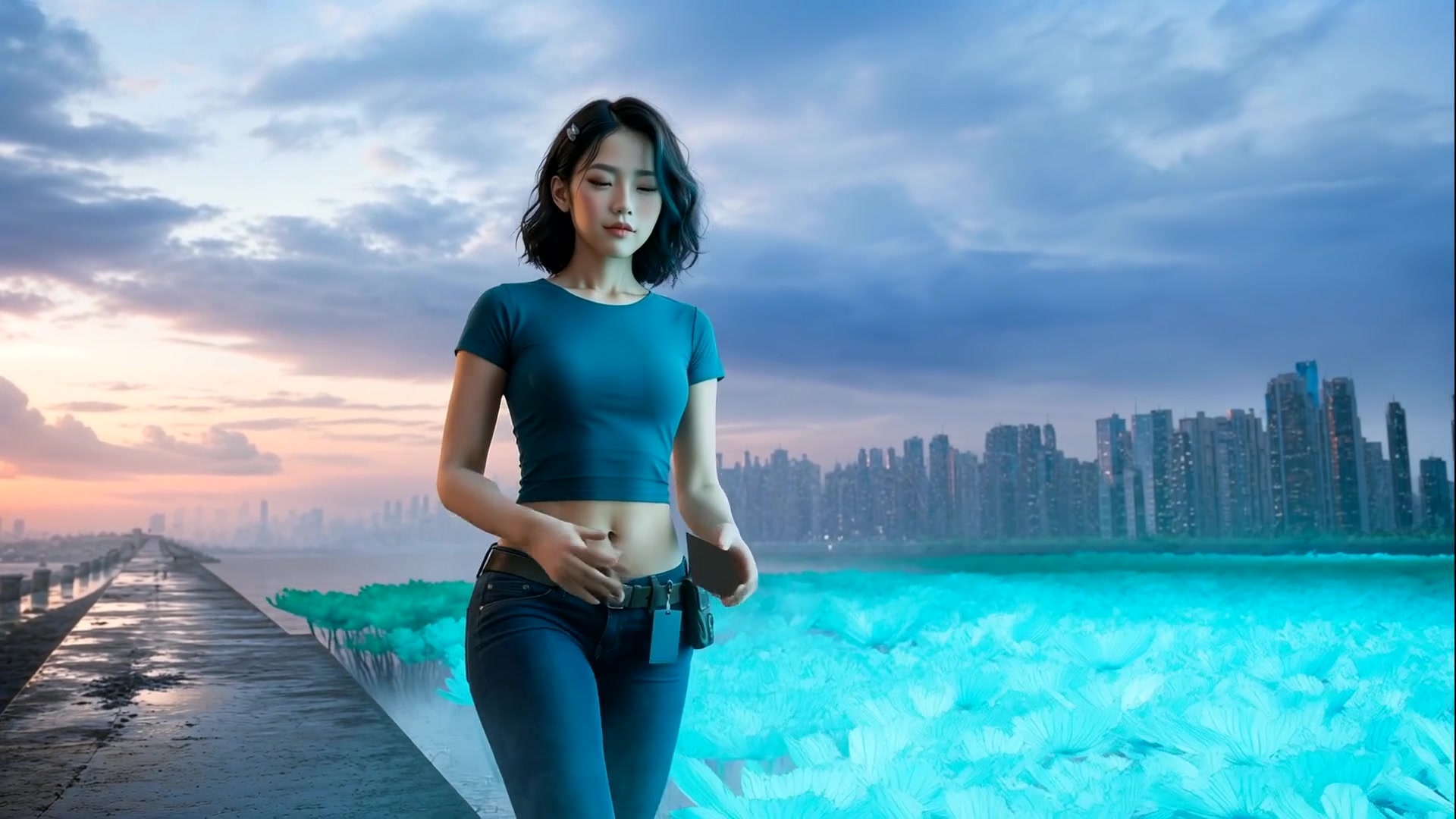 成年女主在发光红树林前查看空白个人档案牌的电影终段