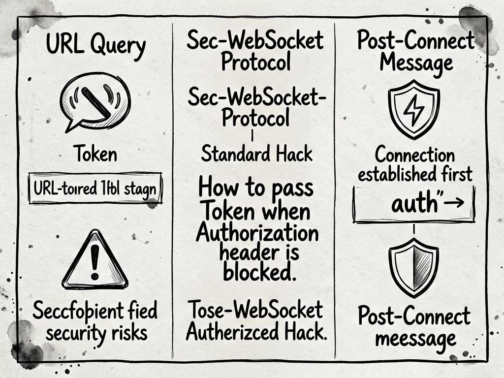 Three-panel ink-note comparison of WebSocket authe