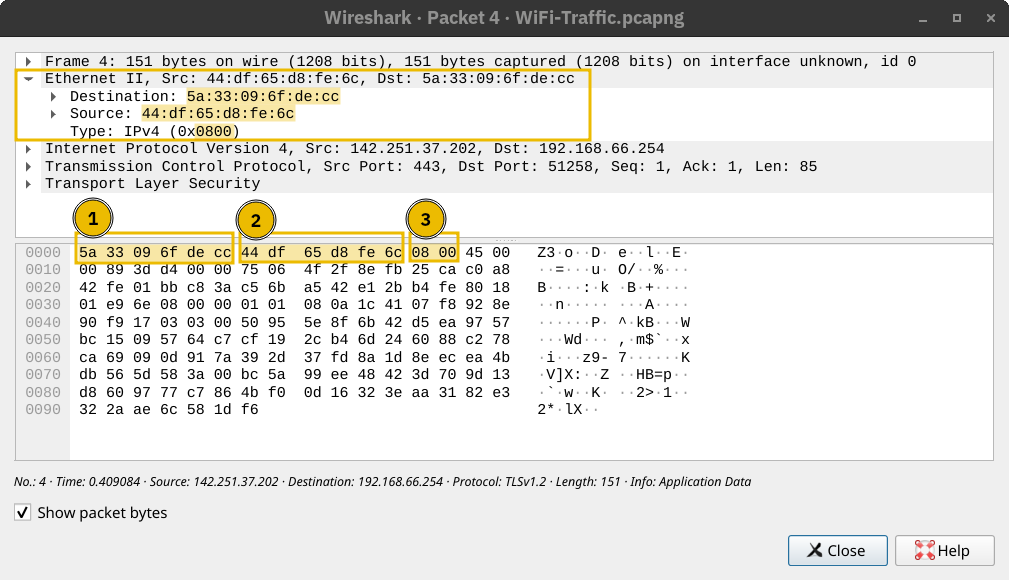 Wireshark showing the destination MAC address, source MAC address, and the protocol type in an Ethernet frame. The IP packet is encapsulated within this Ethernet frame.