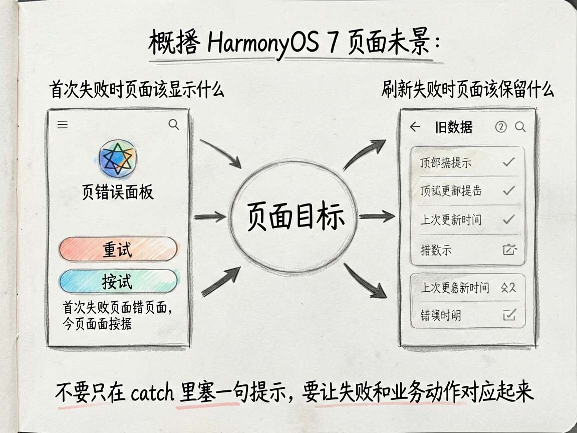 一张手绘笔记风框架图,概括 HarmonyOS 7 页面在网络错误场景下的状态设计思路。中心是“页面