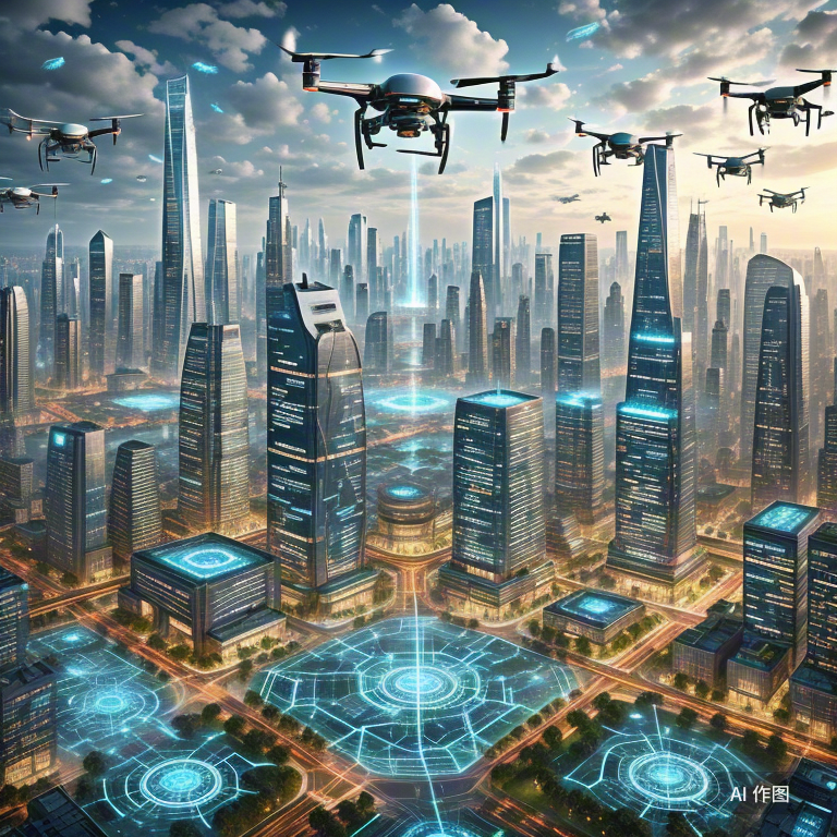 未来城市数字免疫全景图，地面建筑投射出立体防护网络，空中漂浮着智能预警无人机群，所有元素构成有机联系的防御整体