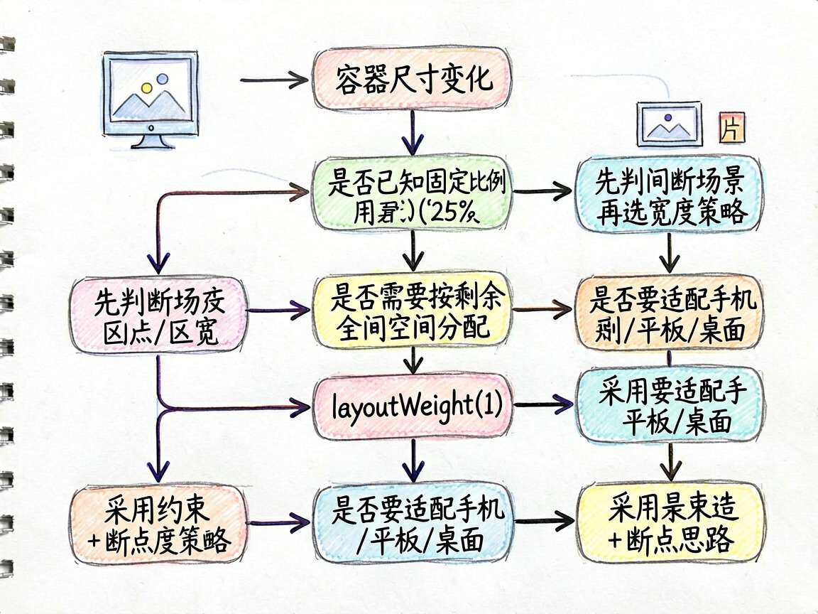 一张手绘流程图,说明做响应式图片区域时的判断路径。流程从“容器尺寸变化”开始,依次分支到“是否已知固