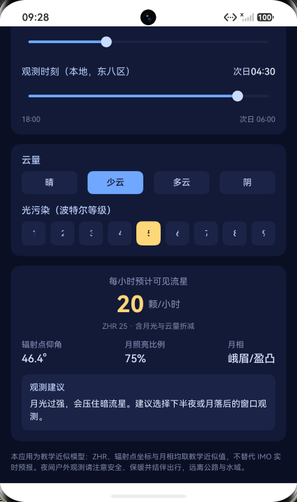 结果卡特写：少云、波特尔 5 级条件下每小时预计可见 20 颗，月照亮比例 75%（峨眉月/盈凸），观测建议提示月光过强、宜选下半夜或月落后窗口