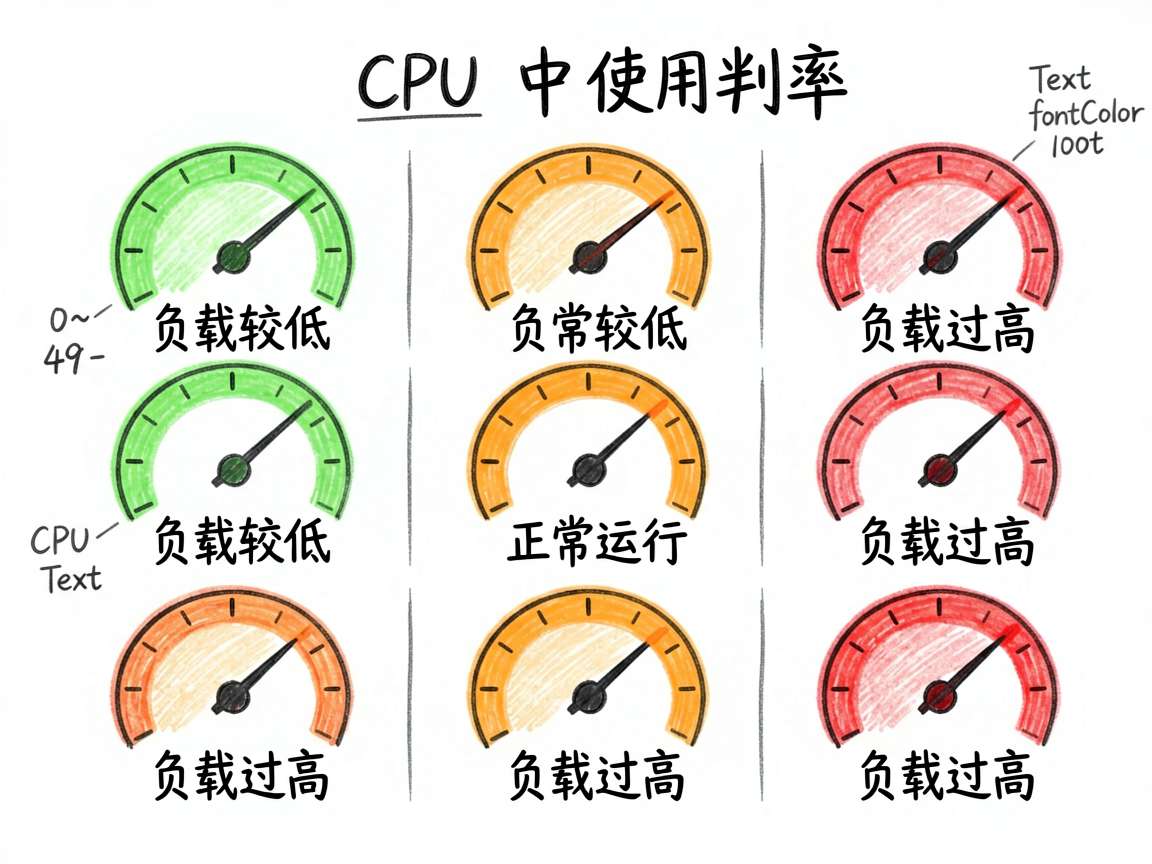 手绘对比笔记图，主题是 CPU 使用率仪表盘的三段阈值状态判断。画面分成三栏或三条色带，对比展示 0