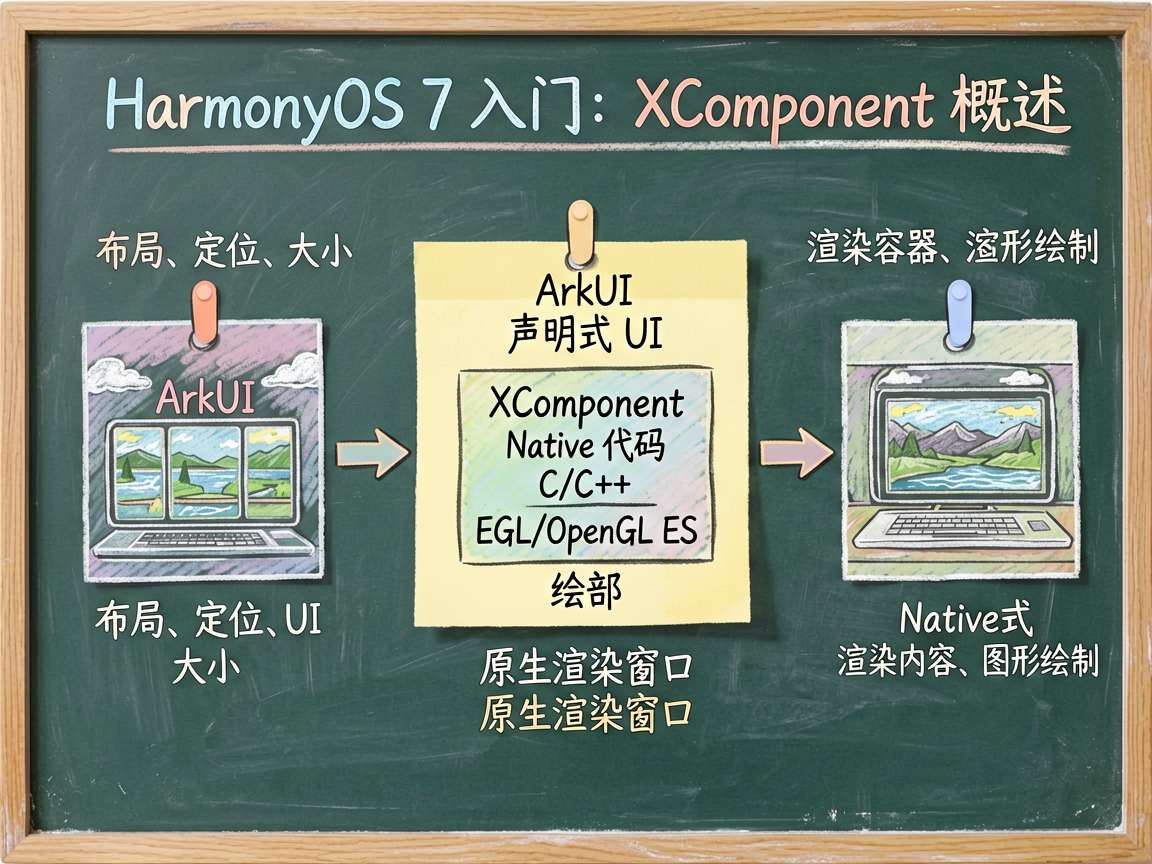 一张手绘笔记风格的信息图,主题是“HarmonyOS 7 入门:XComponent 概述”。画面中