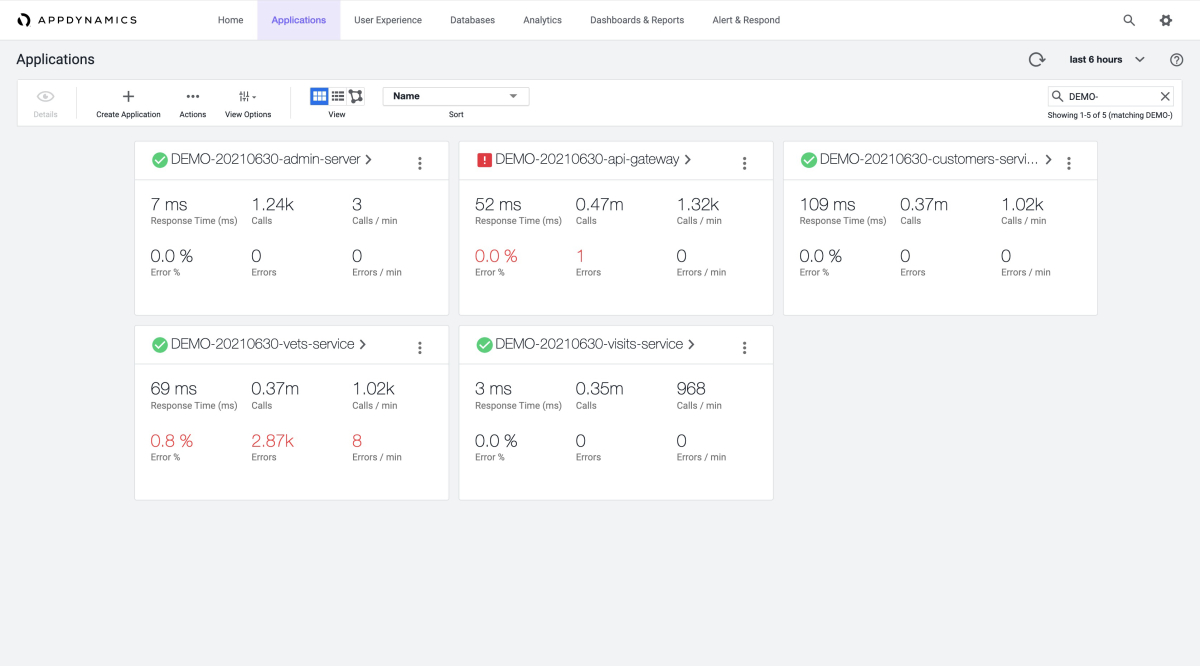 AppDynamics 的屏幕截图，显示“应用程序”仪表板。