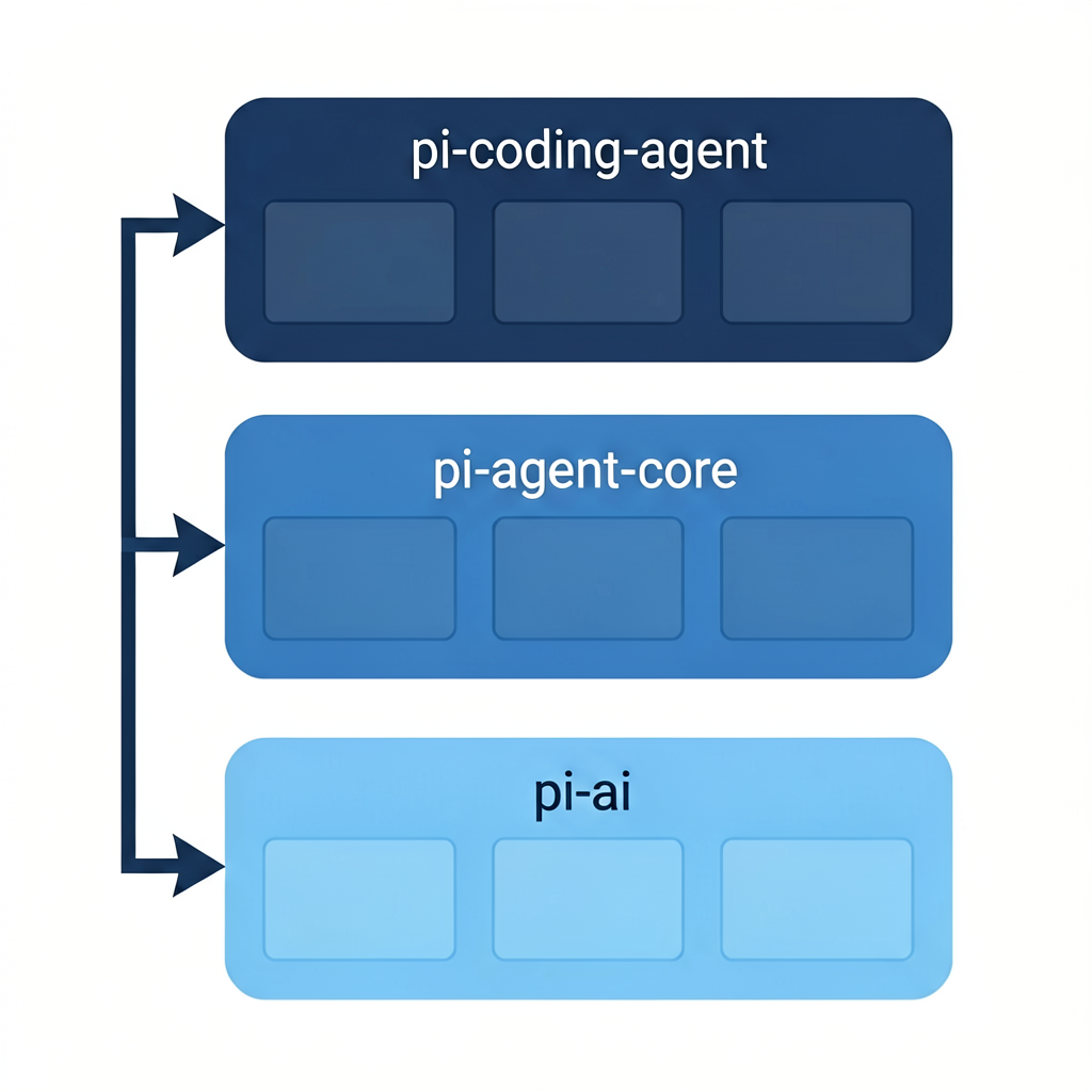 三层解耦架构图：pi-ai / pi-agent-core / pi-coding-agent 分层与数据流