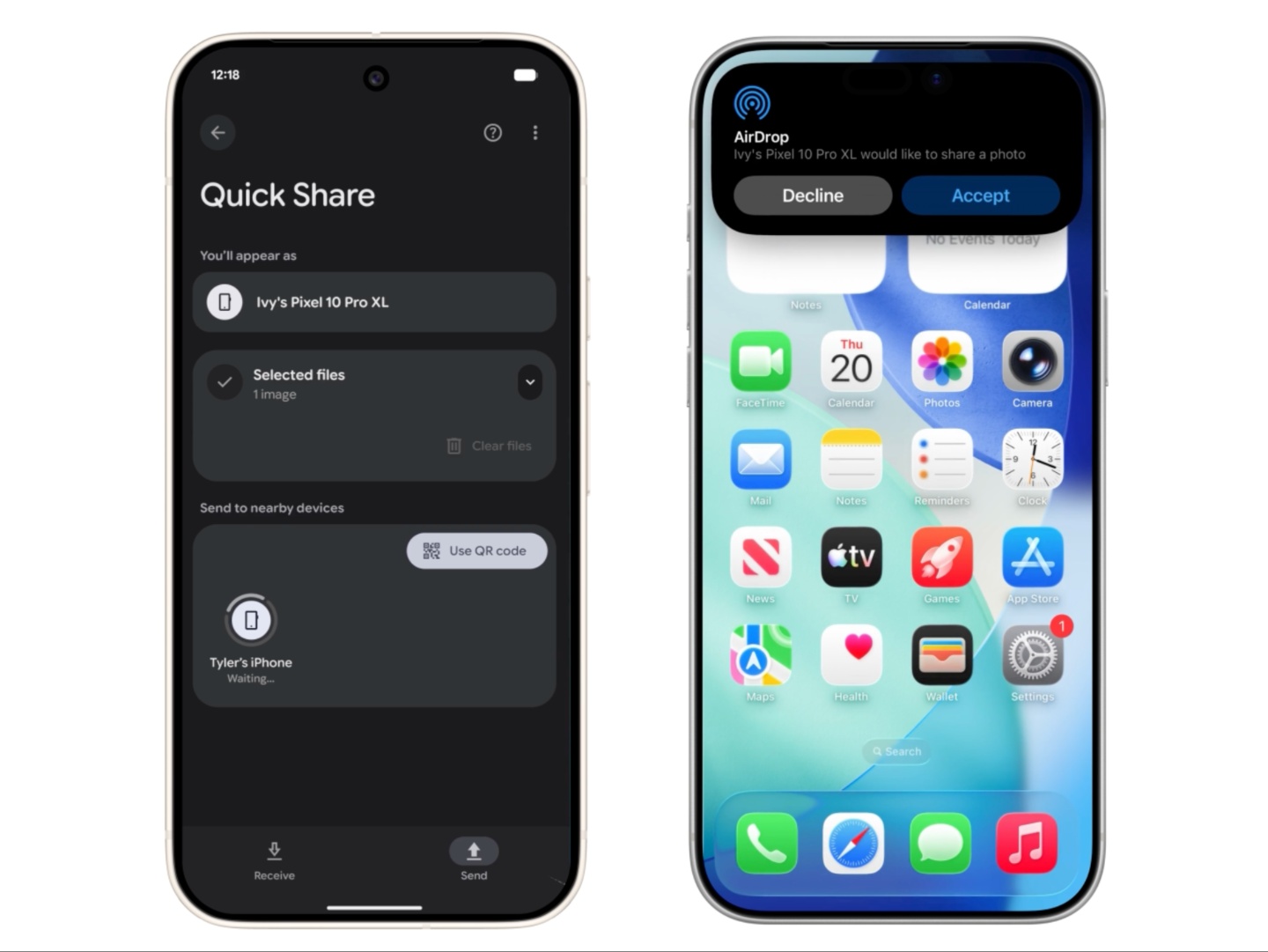 Pixel 与 iPhone 并排展示跨平台传输