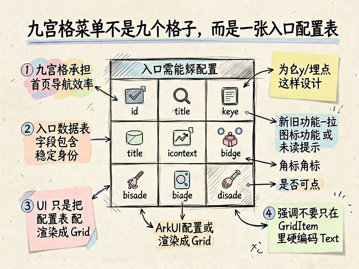 为一篇讲解 HarmonyOS 7 用 Grid 做九宫格菜单细节的中文技术文章生成一张手绘笔记风信