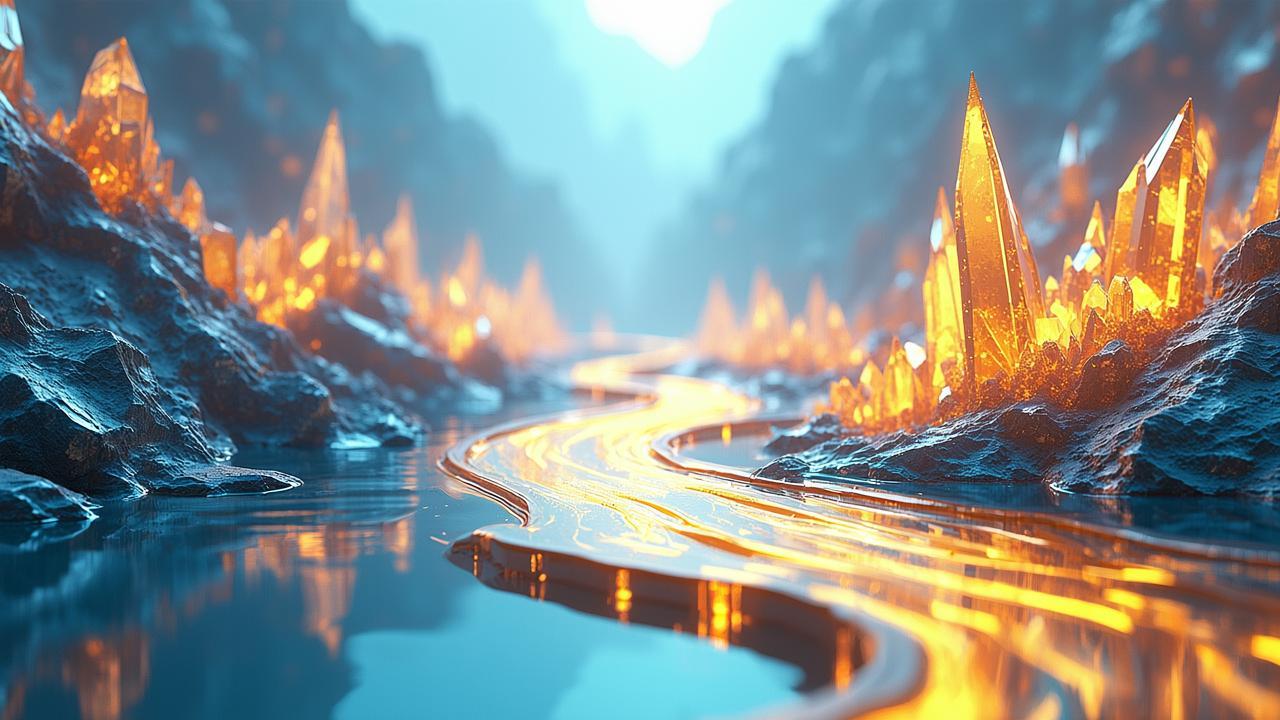 A surreal digital landscape where a still, mirror-