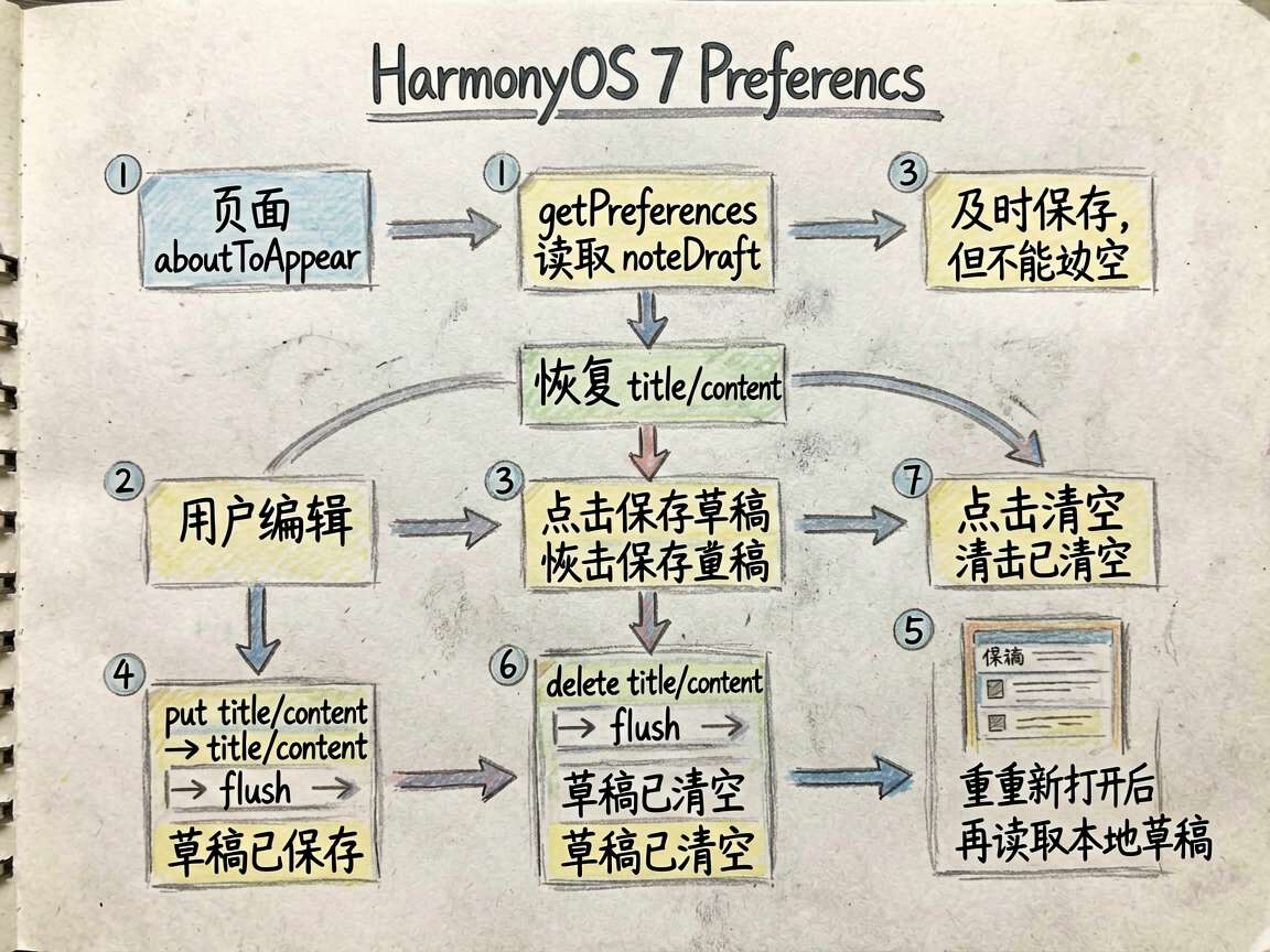 手绘流程图，主题是 HarmonyOS7 preferences 草稿的完整生命周期。流程从‘页面 