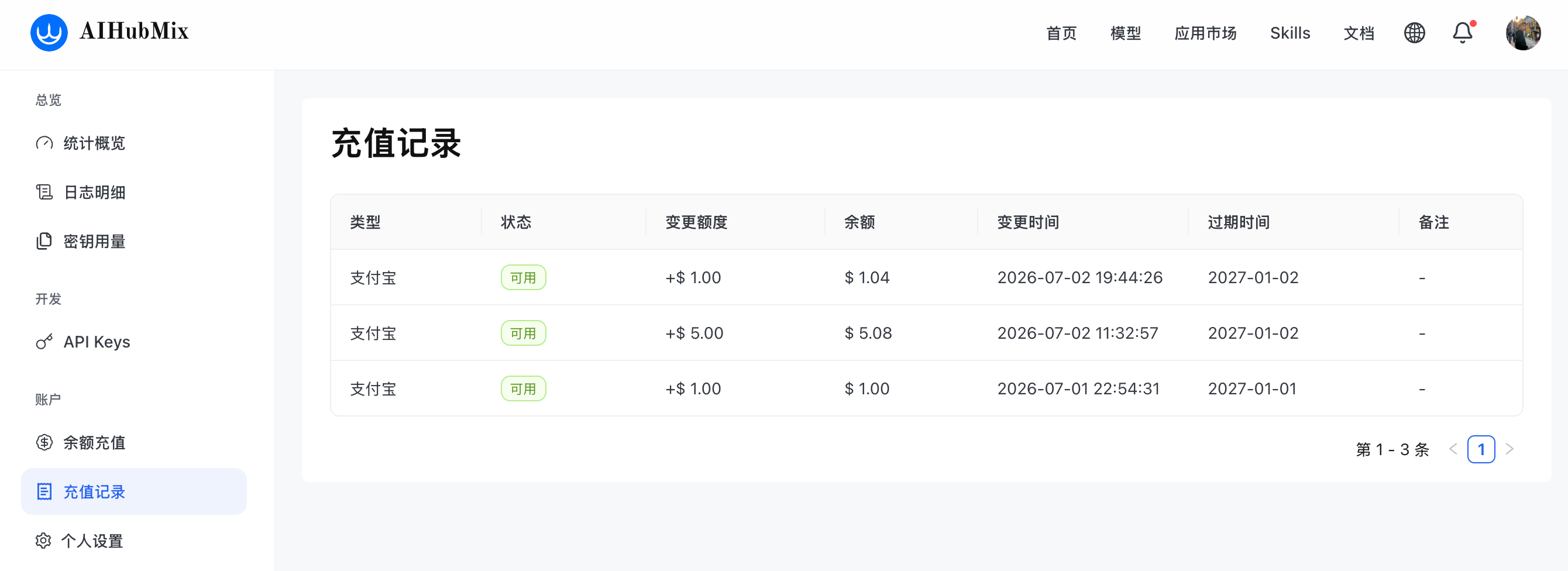 AIHubMix 充值记录